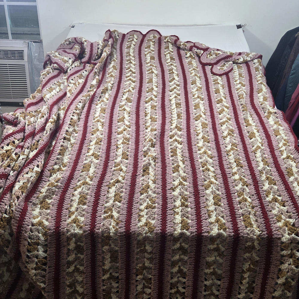 Boho Crochet Blanket Cozy Striped Crochet Blanket - Red, Cream Brown Queen Size